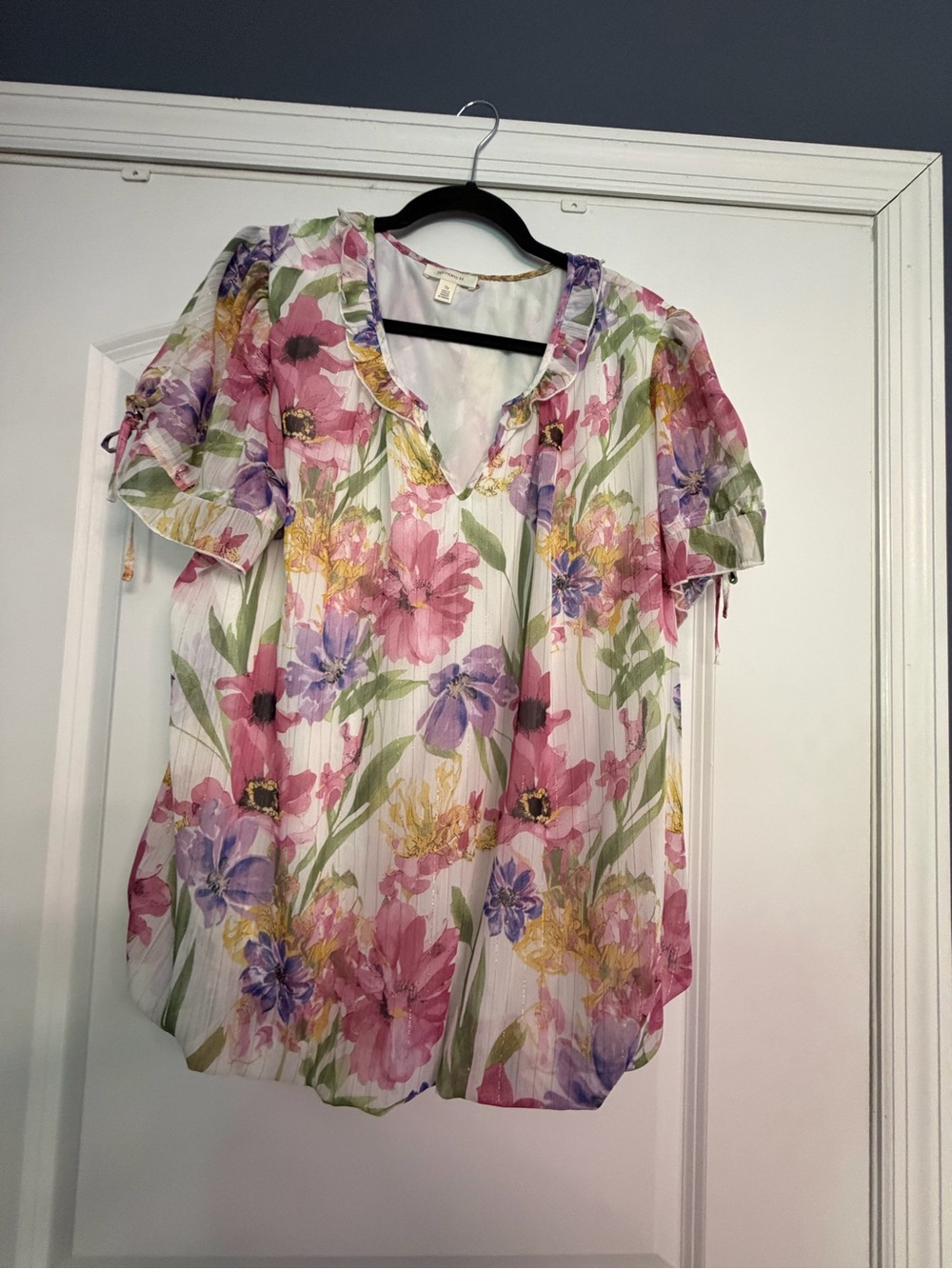 Floral V-Neck Ruffle Sleeve Blouse - Pink, Purple & Green
